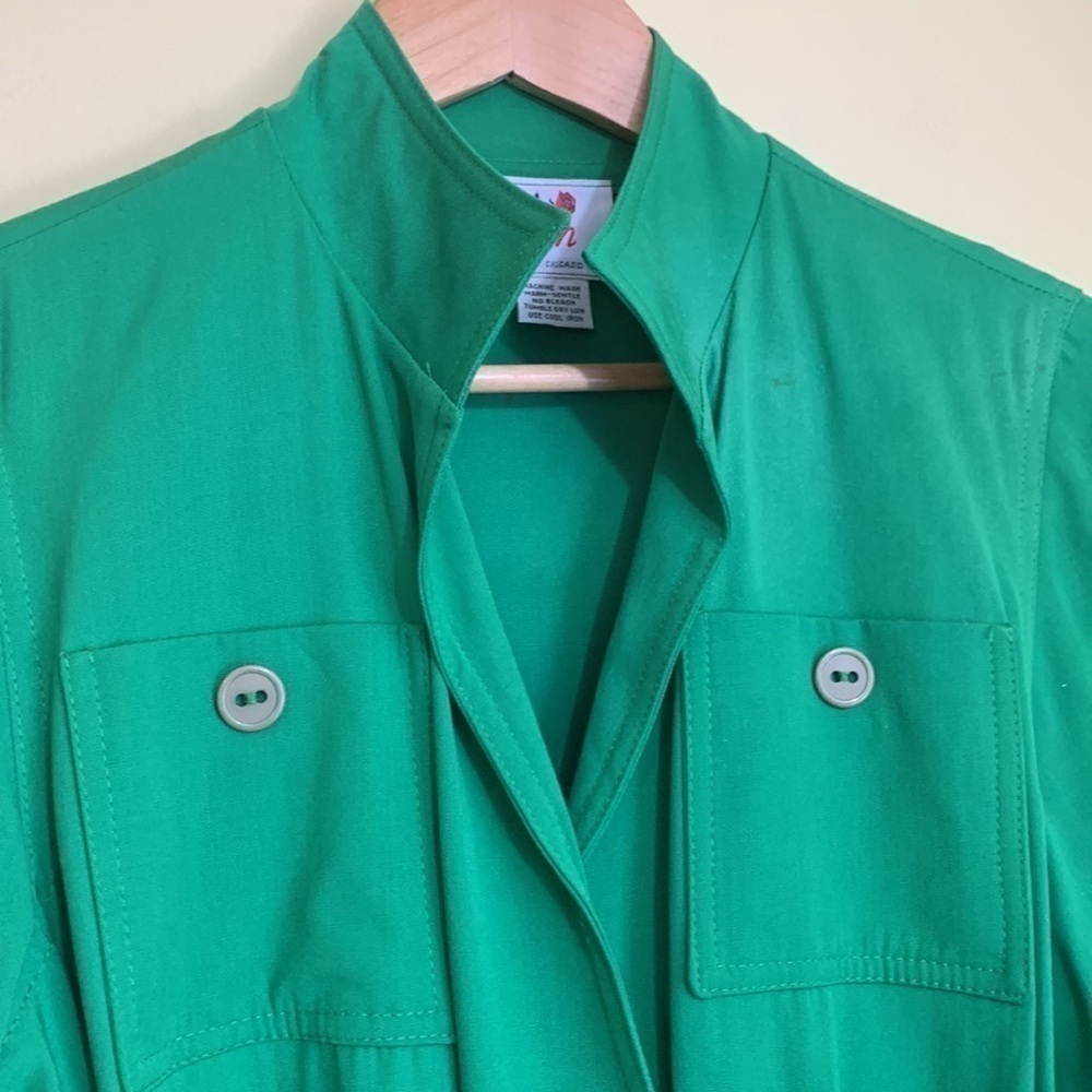 Caron || 80’s Kelly Green Long Sleeve Faux Wrap Belted Shirt Pocket Dress M - Picture 7 of 16